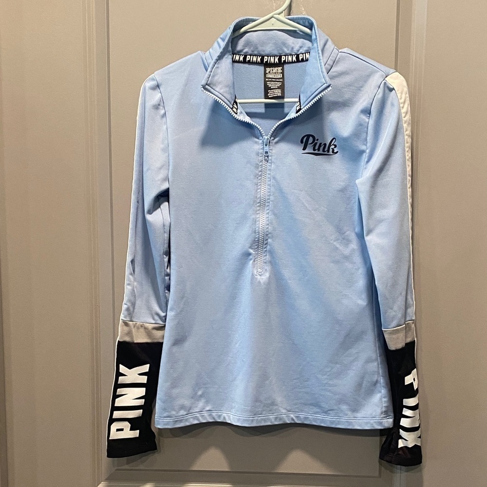 PINK Victoria Secret Blue Quarter Zip Pullover Logo Sleeve Athleisure Top XS